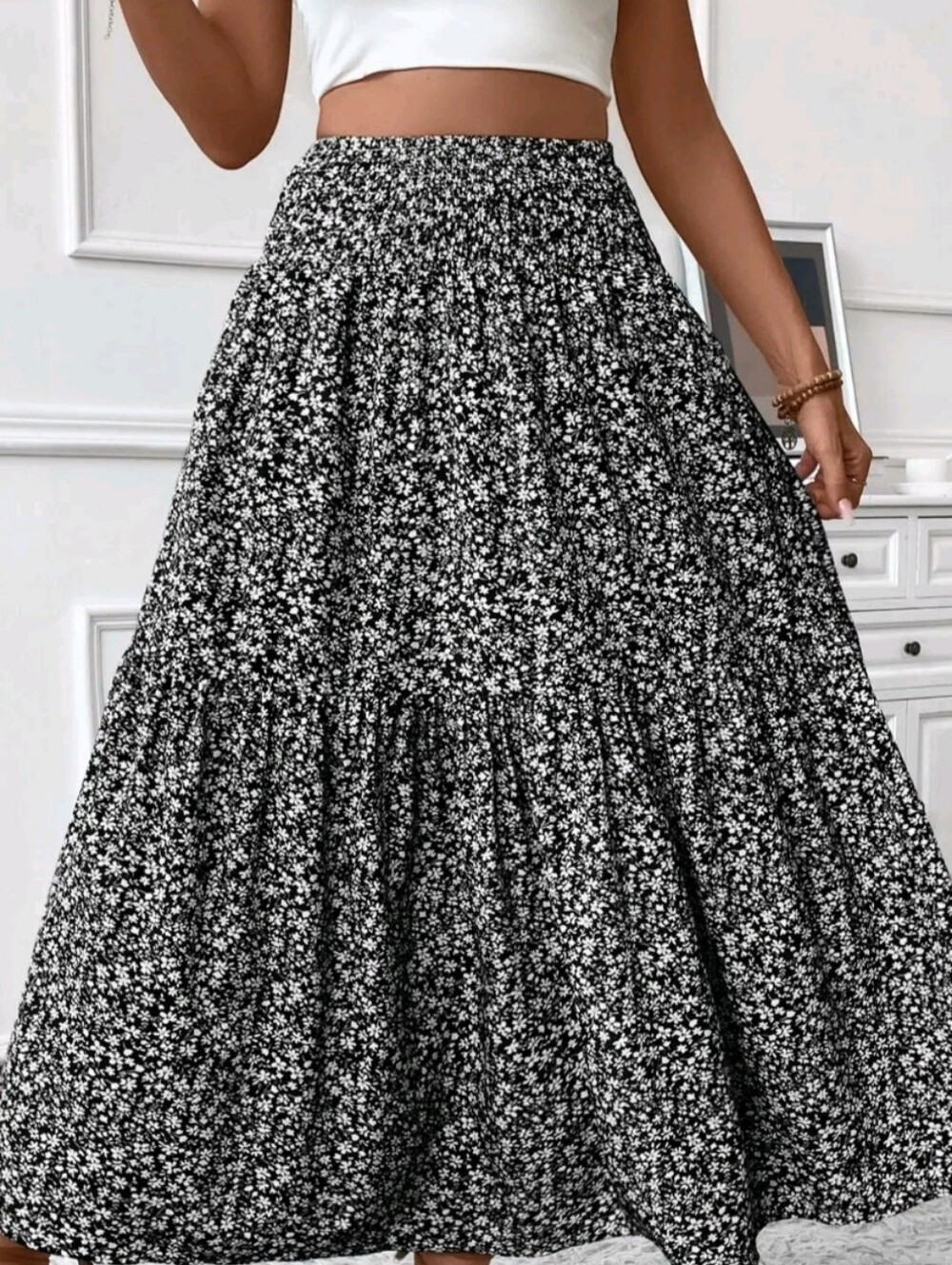 Black Floral Tiered Maxi Skirt